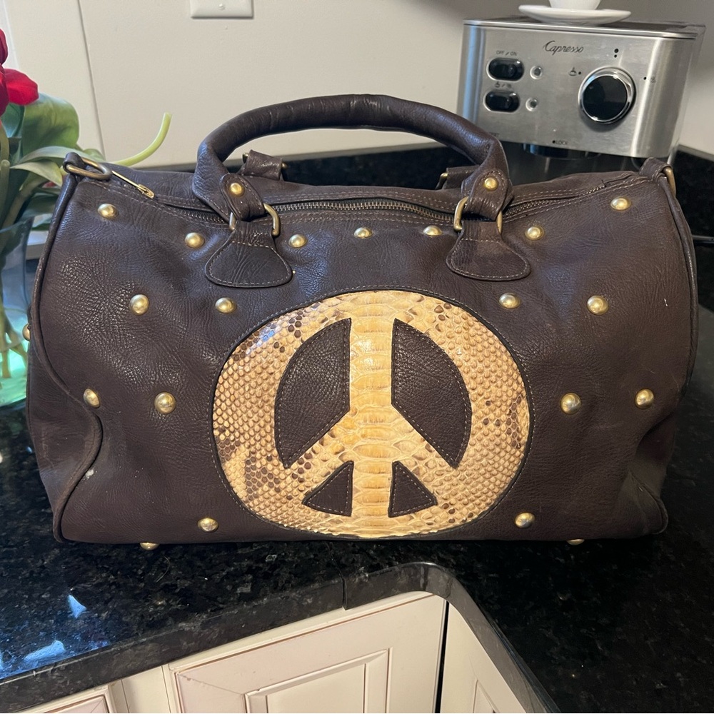 Brown Leather Bag with Peace Sign